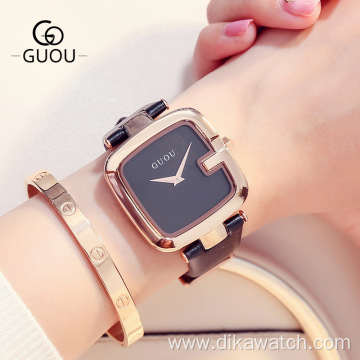 GUOU Korean Style Charm Dress Ladies Watches Quartz Casual Leather Bracelet Fashion Watch Square Dial Analog Wristwatch Reloj